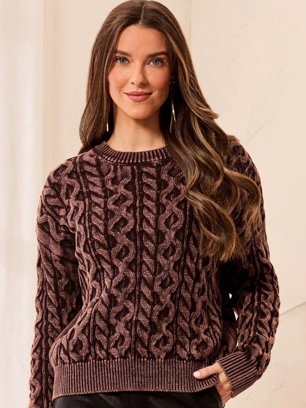 Tribal Jeans Cable Knit Special Wash Crew Neck Sweater Saddlebrown NWT Size S